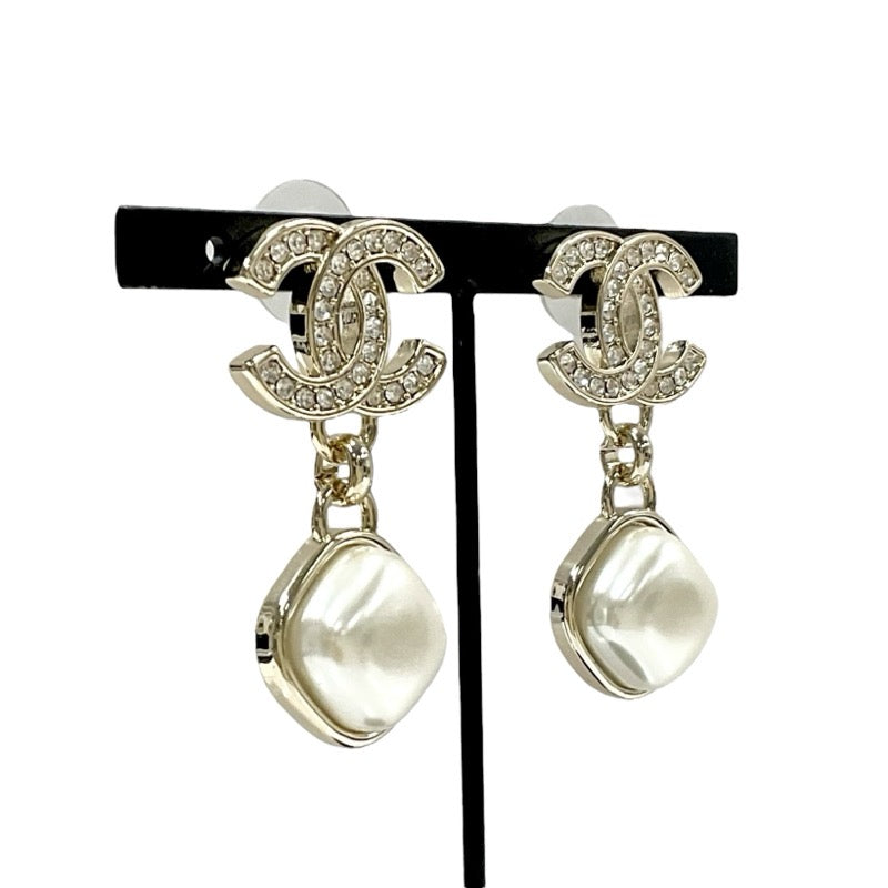 Chanel Earrings Gold Coco Mark Rhinestone Pearl