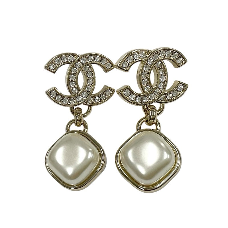 Chanel Earrings Gold Coco Mark Rhinestone Pearl