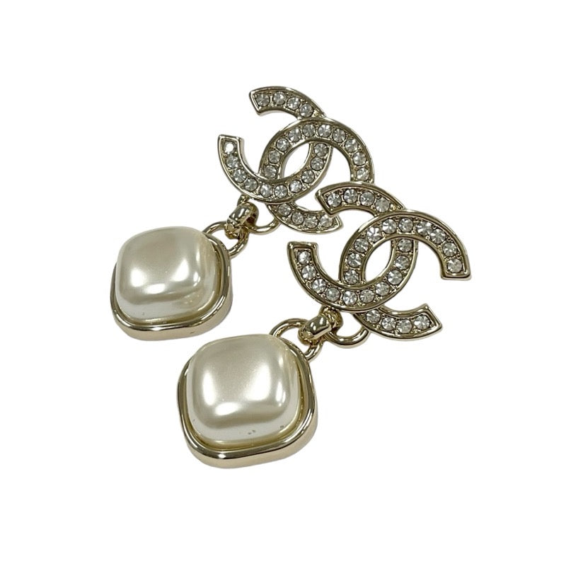 Chanel Earrings Gold Coco Mark Rhinestone Pearl