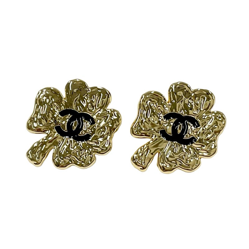 Chanel Earrings Gold Black Coco Mark Clover