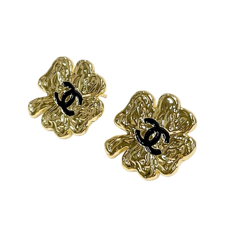 Chanel Earrings Gold Black Coco Mark Clover