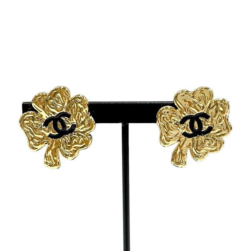 Chanel Earrings Gold Black Coco Mark Clover