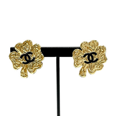 Chanel Earrings Gold Black Coco Mark Clover