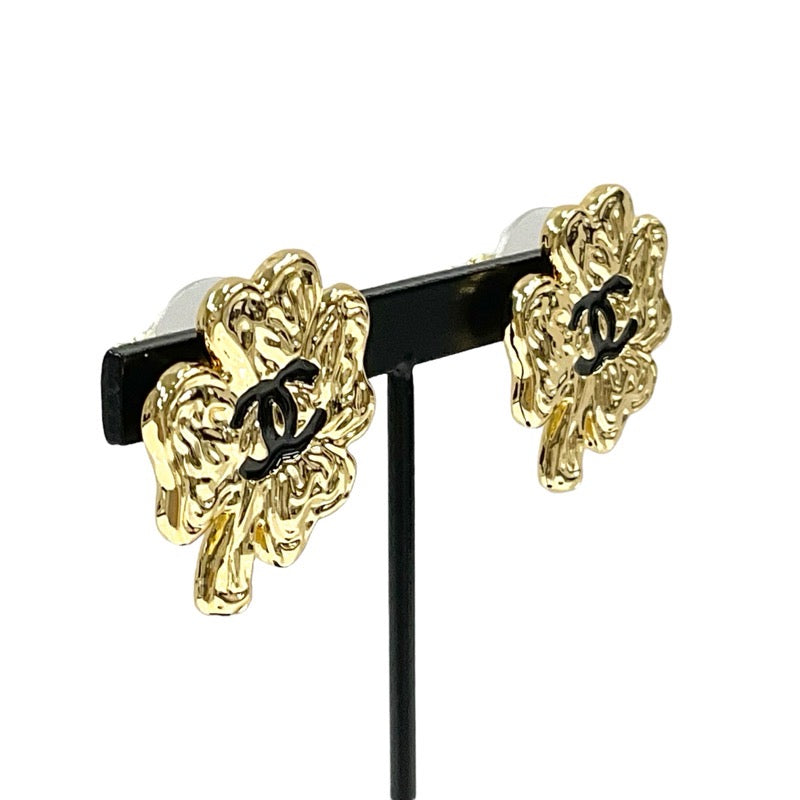 Chanel Earrings Gold Black Coco Mark Clover