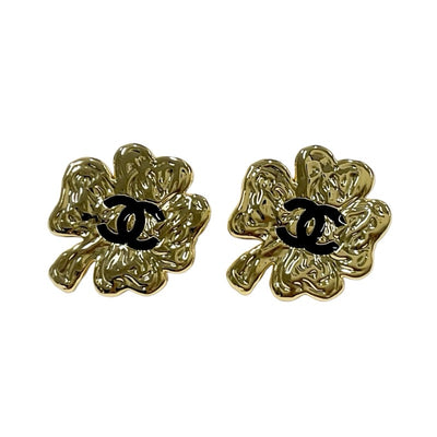 Chanel Earrings Gold Black Coco Mark Clover