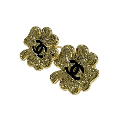 Chanel Earrings Gold Black Coco Mark Clover