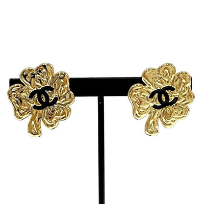 Chanel Earrings Gold Black Coco Mark Clover