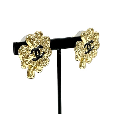 Chanel Earrings Gold Black Coco Mark Clover