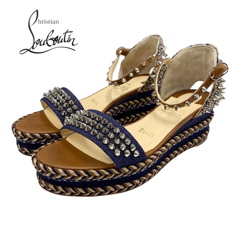 クリスチャンルブタン Christian Louboutin マドモニカ サンダル 靴 シューズ デニム レザー ブラウン ネイビー シルバー スパイク スタッズ