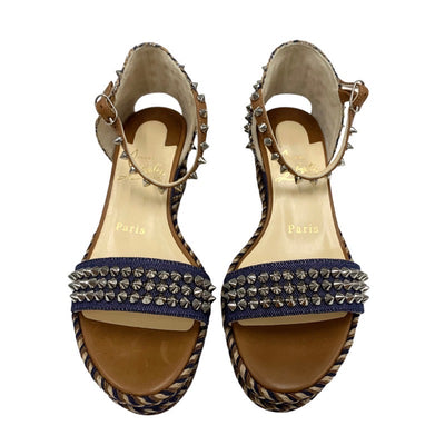 クリスチャンルブタン Christian Louboutin マドモニカ サンダル 靴 シューズ デニム レザー ブラウン ネイビー シルバー スパイク スタッズ