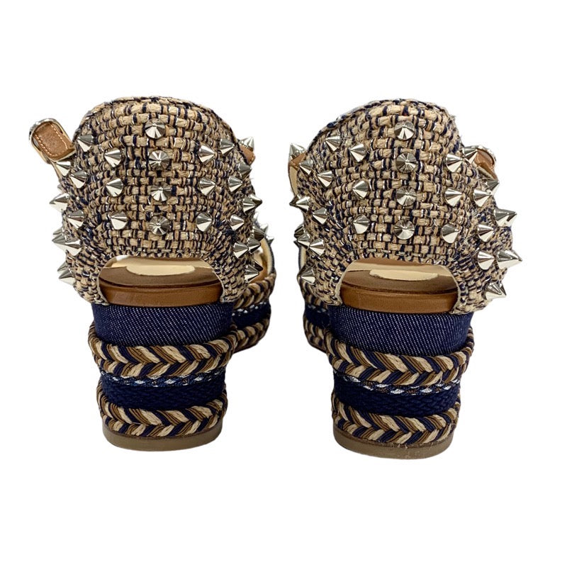 クリスチャンルブタン Christian Louboutin マドモニカ サンダル 靴 シューズ デニム レザー ブラウン ネイビー シルバー スパイク スタッズ