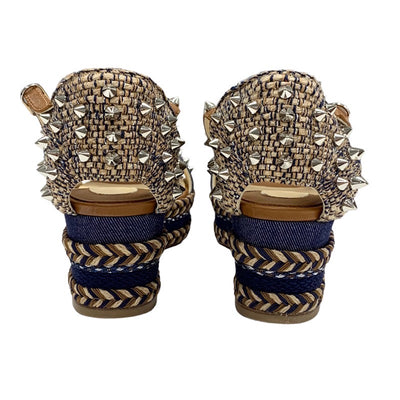 クリスチャンルブタン Christian Louboutin マドモニカ サンダル 靴 シューズ デニム レザー ブラウン ネイビー シルバー スパイク スタッズ