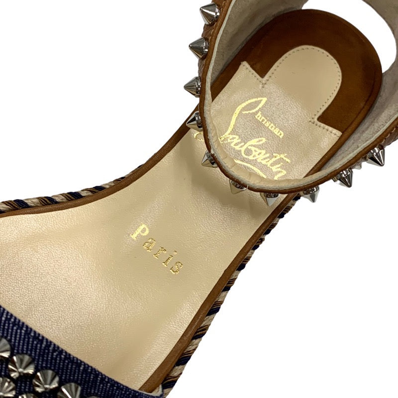 クリスチャンルブタン Christian Louboutin マドモニカ サンダル 靴 シューズ デニム レザー ブラウン ネイビー シルバー スパイク スタッズ