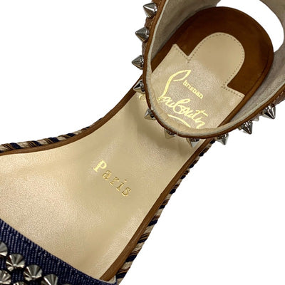 クリスチャンルブタン Christian Louboutin マドモニカ サンダル 靴 シューズ デニム レザー ブラウン ネイビー シルバー スパイク スタッズ