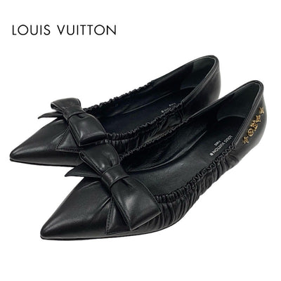 ルイヴィトン LOUIS VUITTON マーリライン フラットシューズ 靴 シューズ レザー ブラック 黒 ゴールド ロゴ リボン バレエシューズ モノグラム