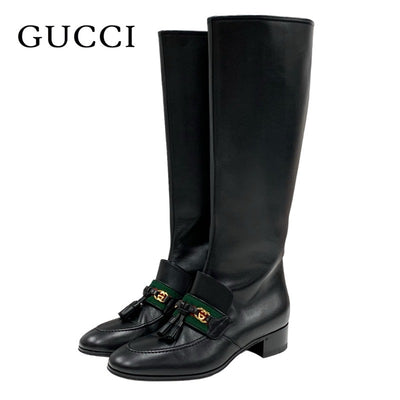 Gucci boots, long boots, shoes, leather, black, black, gold, tassel, sherry line