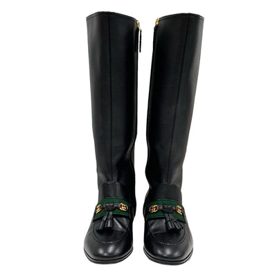 Gucci boots, long boots, shoes, leather, black, black, gold, tassel, sherry line