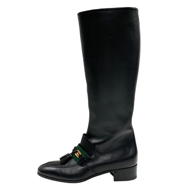 Gucci boots, long boots, shoes, leather, black, black, gold, tassel, sherry line