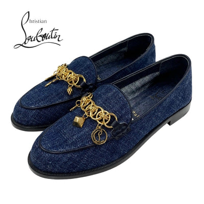 クリスチャンルブタン Christian Louboutin ローファー 革靴 靴 シューズ デニム ブルー ゴールド 未使用 フラットシューズ チェーン