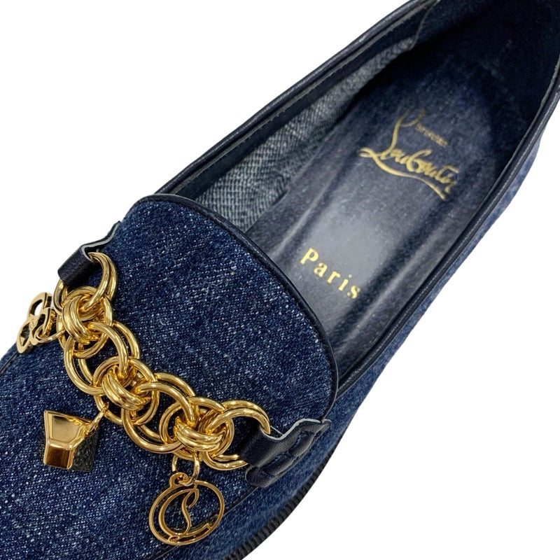 クリスチャンルブタン Christian Louboutin ローファー 革靴 靴 シューズ デニム ブルー ゴールド 未使用 フラットシューズ チェーン