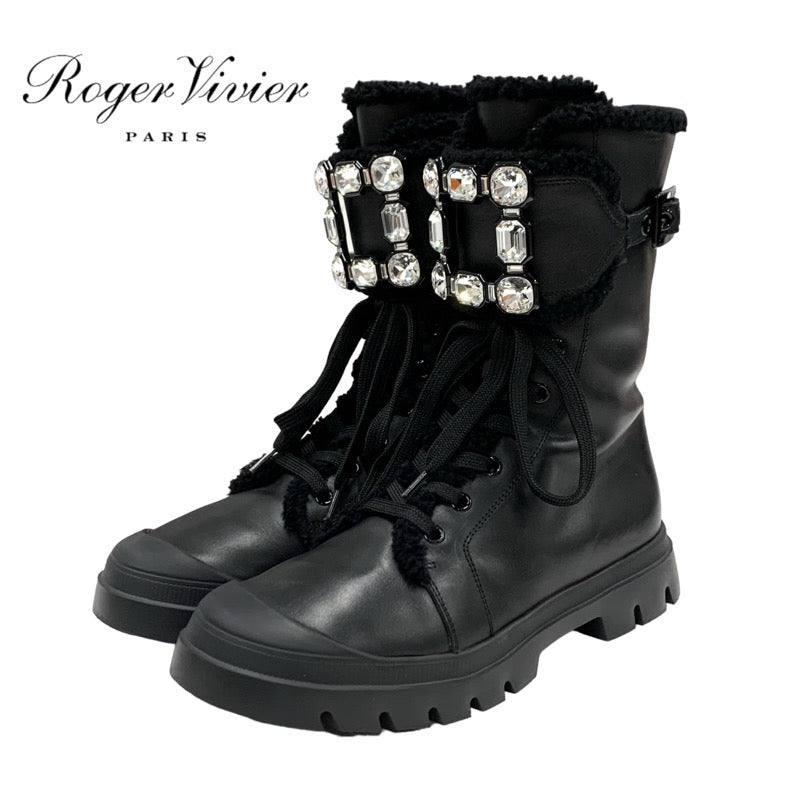 ロジェヴィヴィエ Roger Vivier ウォーキーヴィヴ ブーツ ショートブーツ 靴 シューズ レザー ムートン ブラック 黒 ムートンブーツ ストラスバックル ビジュー レースアップ ボア