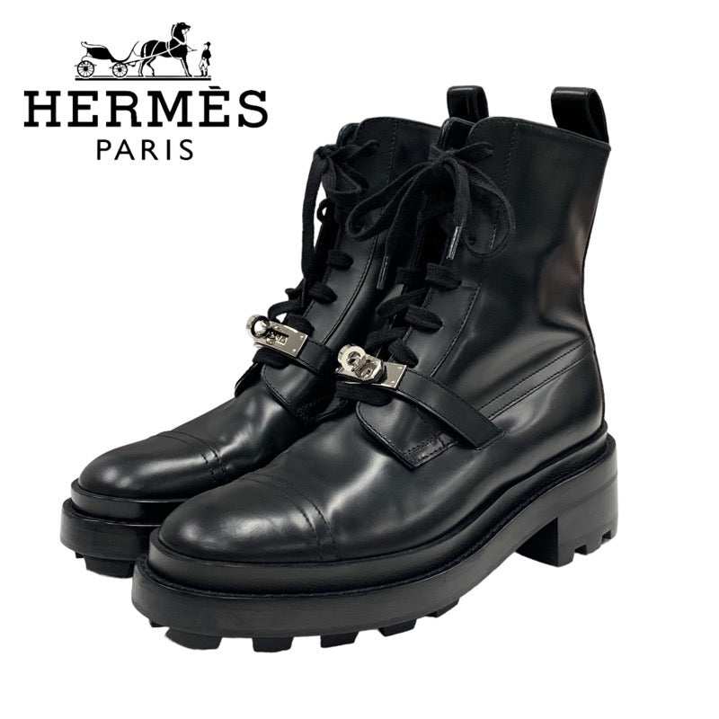 Hermes Funk Boots Short Boots Shoes Leather Black Silver Black Kelly Metal Lace-up