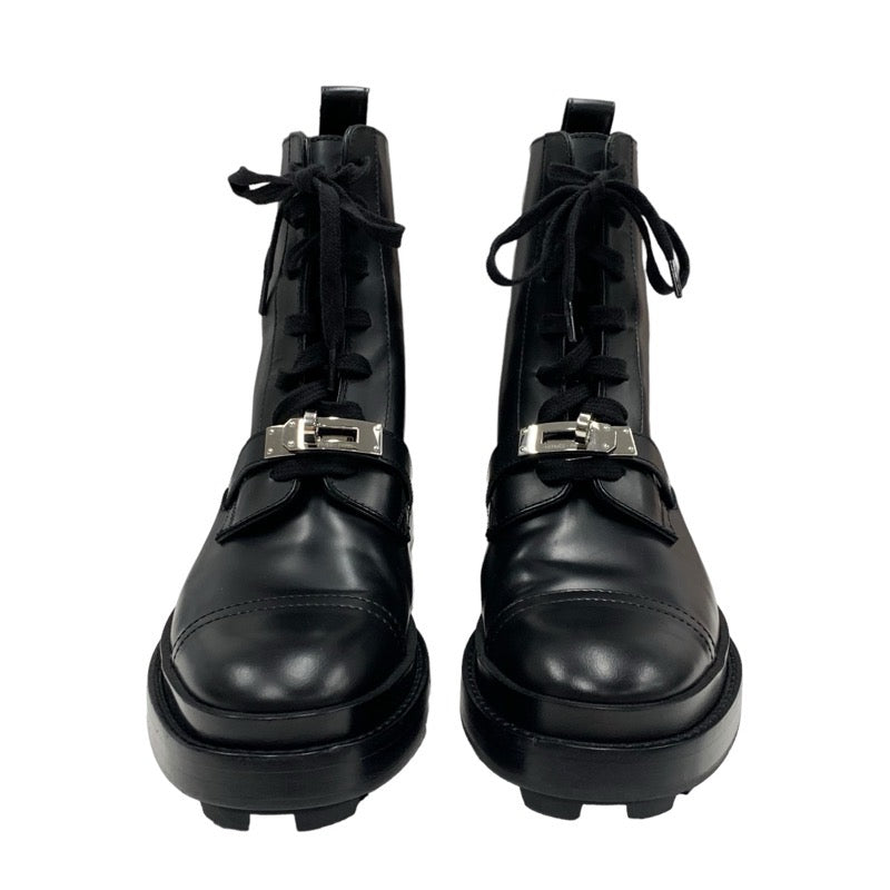 Hermes Funk Boots Short Boots Shoes Leather Black Silver Black Kelly Metal Lace-up