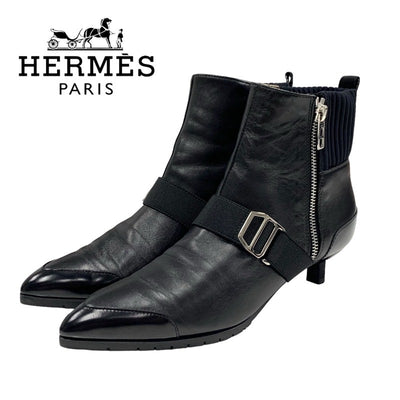 Hermes HERMES Boots, Short Boots, Shoes, Leather, Fabric, Black, Silver, Belt