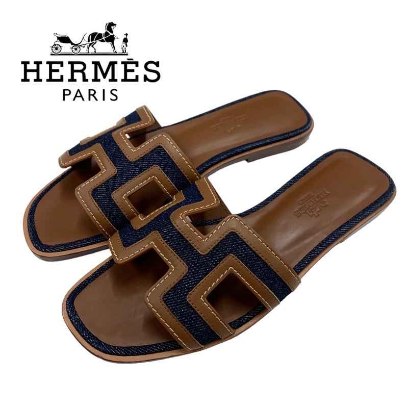 エルメス HERMES オラン サンダル 靴 シューズ レザー デニム ブラウン ネイビー フラットサンダル