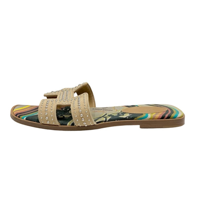 エルメス HERMES オラン BRIDES de GALA サンダル 靴 シューズ スエード キャンバス ブラウン マルチカラー フラットサンダル スタッズ