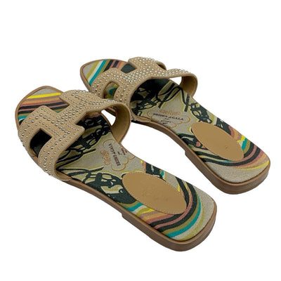 エルメス HERMES オラン BRIDES de GALA サンダル 靴 シューズ スエード キャンバス ブラウン マルチカラー フラットサンダル スタッズ