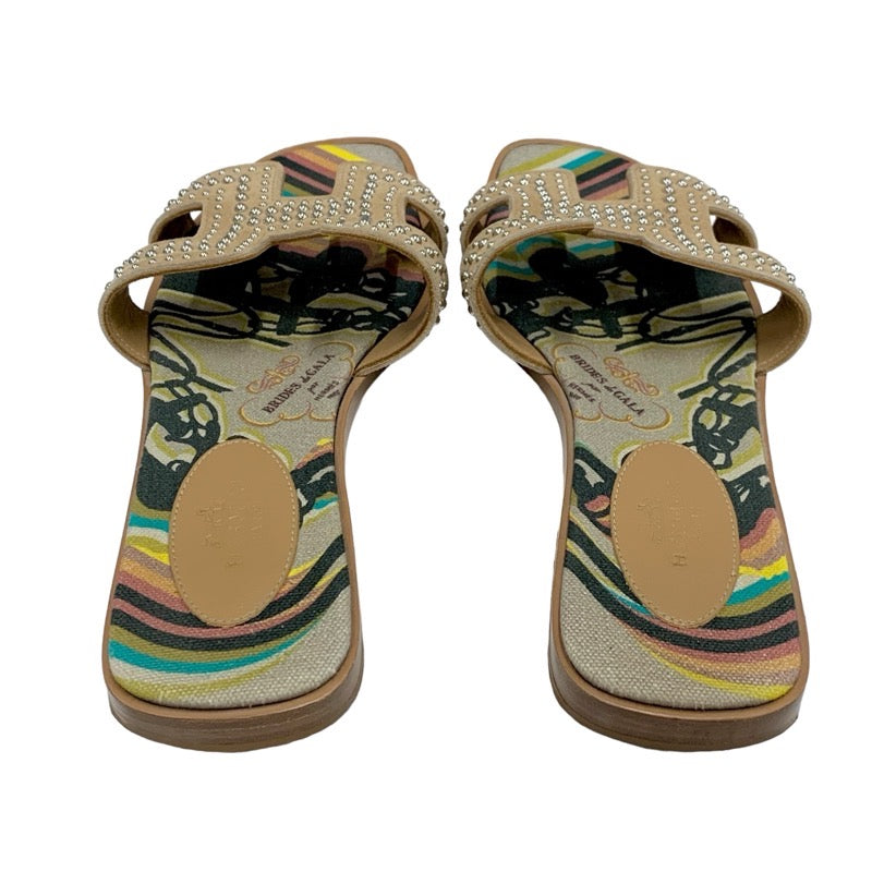 エルメス HERMES オラン BRIDES de GALA サンダル 靴 シューズ スエード キャンバス ブラウン マルチカラー フラットサンダル スタッズ