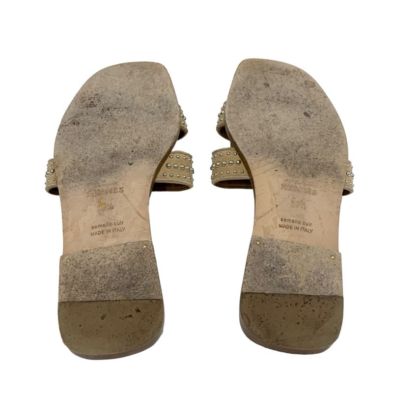 エルメス HERMES オラン BRIDES de GALA サンダル 靴 シューズ スエード キャンバス ブラウン マルチカラー フラットサンダル スタッズ