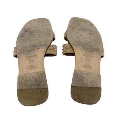 エルメス HERMES オラン BRIDES de GALA サンダル 靴 シューズ スエード キャンバス ブラウン マルチカラー フラットサンダル スタッズ