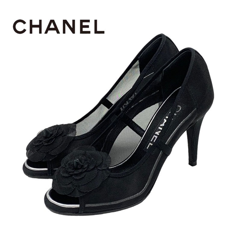 シャネル CHANEL パンプス 靴 シューズ メッシュ ファブリック ブラック 黒 ゴールド ココマーク カメリア パーティーシューズ フォーマルシューズ