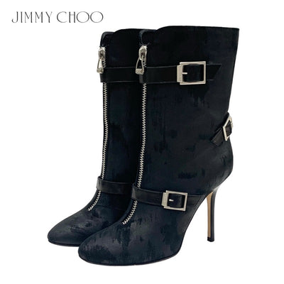 ジミーチュウ JIMMY CHOO ブーツ ショートブーツ 靴 シューズ レザー ブラック 黒 シルバー ダメージ加工 ベルト フロントジップ