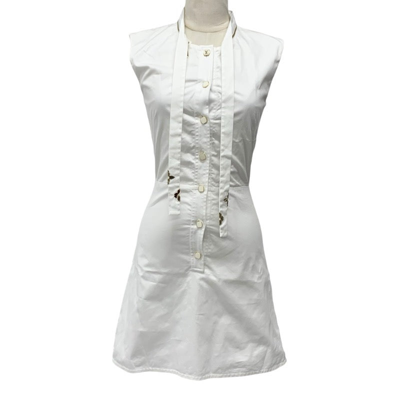 ルイヴィトン LOUIS VUITTON ワンピース コットン ホワイト 白 ゴールド ロゴ フィットアンドフレアドレス ノースリーブ