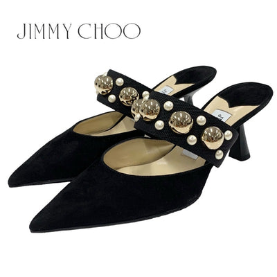 ジミーチュウ JIMMY CHOO パンプス 靴 シューズ スエード ブラック 黒 ゴールド ミュール パール 丸スタッズ