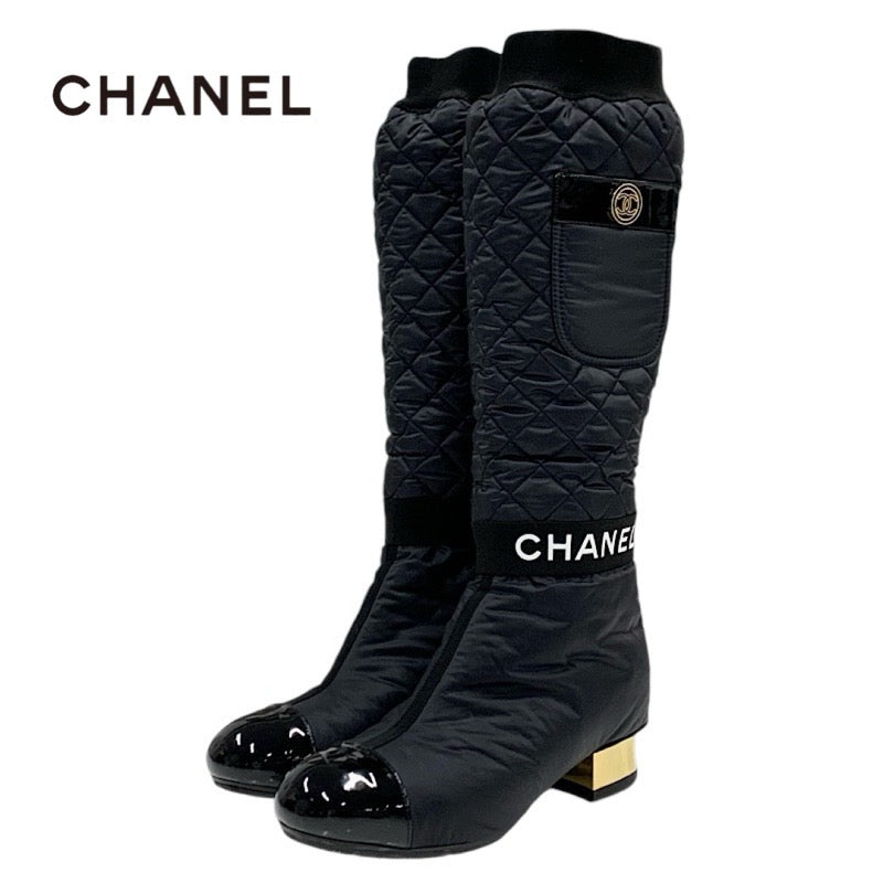 Chanel CHANEL boots, long boots, shoes, nylon, leather, patent, black, gold, black, short boots, 2way, Coco Mark, logo, matelasse, pocket, metallic heel