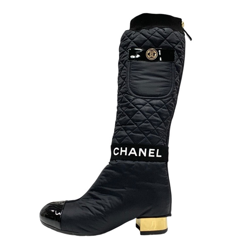 Chanel CHANEL boots, long boots, shoes, nylon, leather, patent, black, gold, black, short boots, 2way, Coco Mark, logo, matelasse, pocket, metallic heel