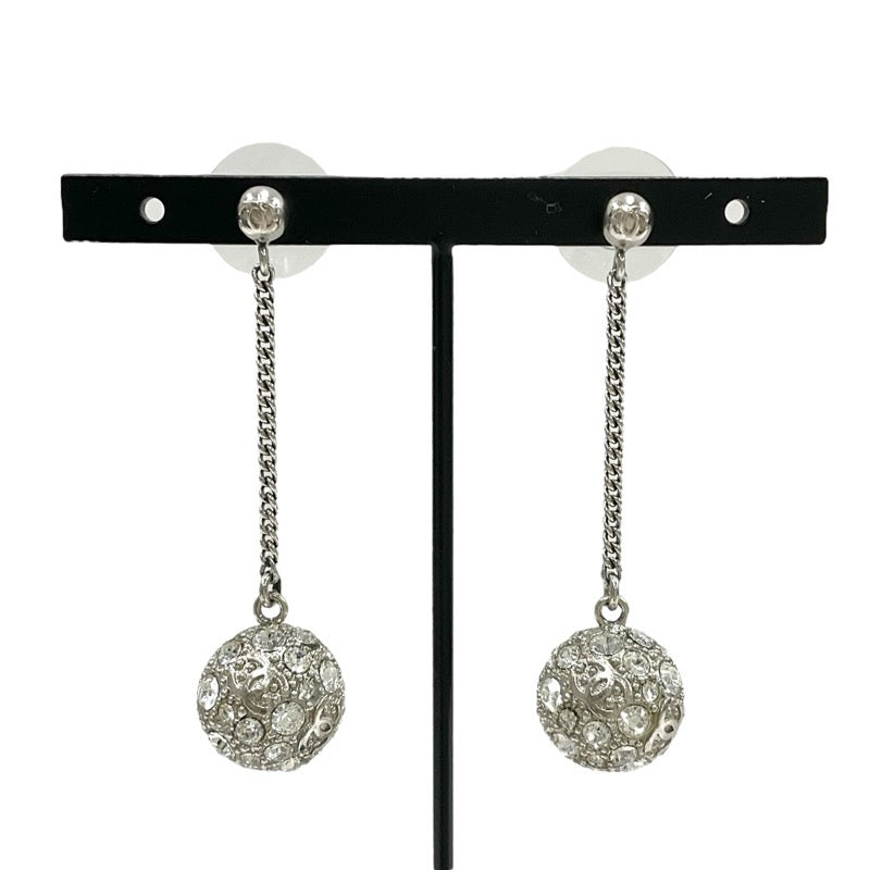 Chanel Earrings Silver Coco Mark Ball Chain Rhinestone