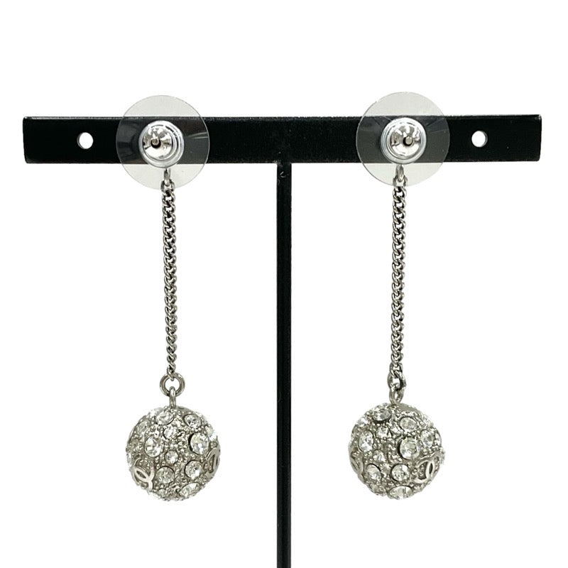 Chanel Earrings Silver Coco Mark Ball Chain Rhinestone