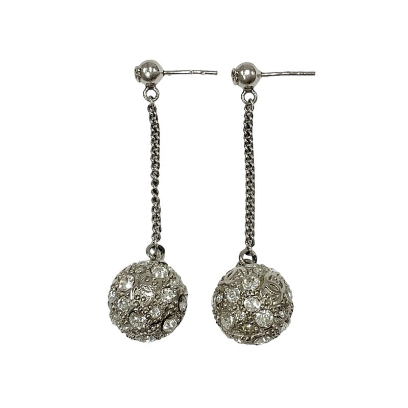 Chanel Earrings Silver Coco Mark Ball Chain Rhinestone