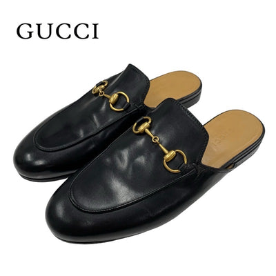 グッチ GUCCI プリンスタウン フラットシューズ 靴 シューズ レザー ブラック 黒 ゴールド スリッパサンダル ミュール ホースビット