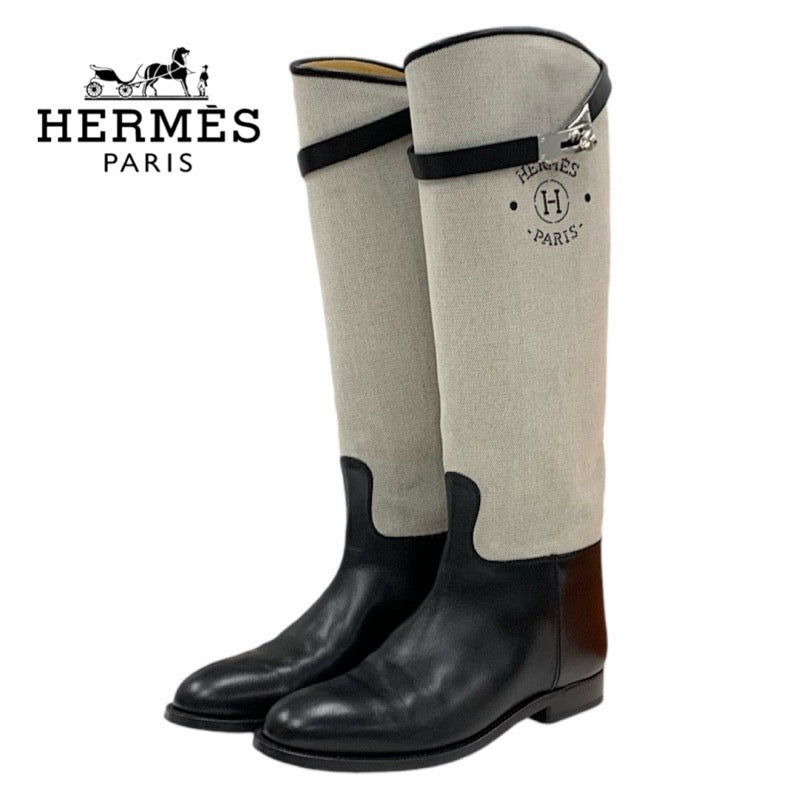 Hermes HERMES jumping boots, long boots, shoes, canvas, leather, beige, black, silver, Kelly hardware, logo