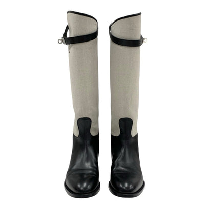 Hermes HERMES jumping boots, long boots, shoes, canvas, leather, beige, black, silver, Kelly hardware, logo