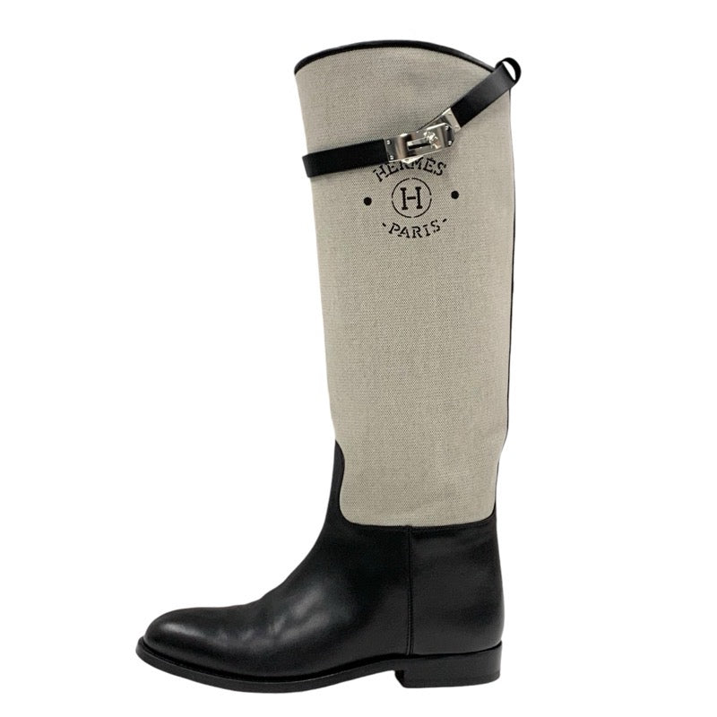 Hermes HERMES jumping boots, long boots, shoes, canvas, leather, beige, black, silver, Kelly hardware, logo