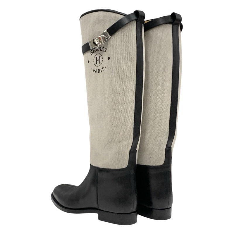 Hermes HERMES jumping boots, long boots, shoes, canvas, leather, beige, black, silver, Kelly hardware, logo