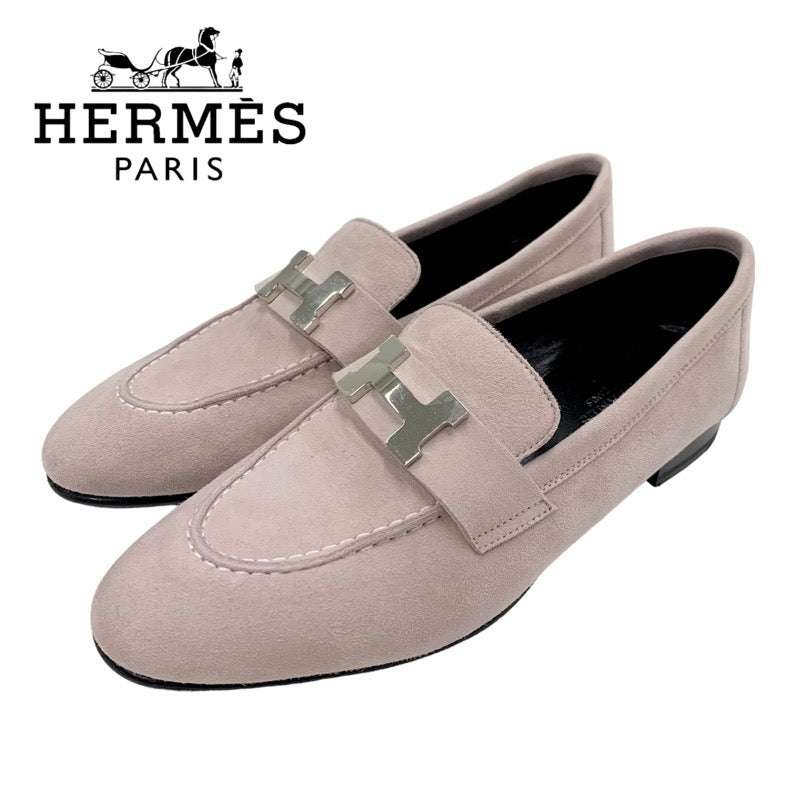 Hermes Paris loafers leather shoes shoes suede pink silver moccasins flat shoes H hardware