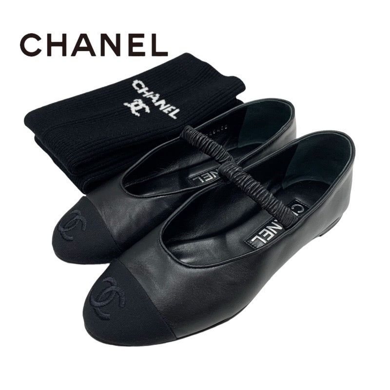 Chanel Flat Shoes, Leather Fabric, Black, Mary Jane, Coco Mark, Ballet Shoes